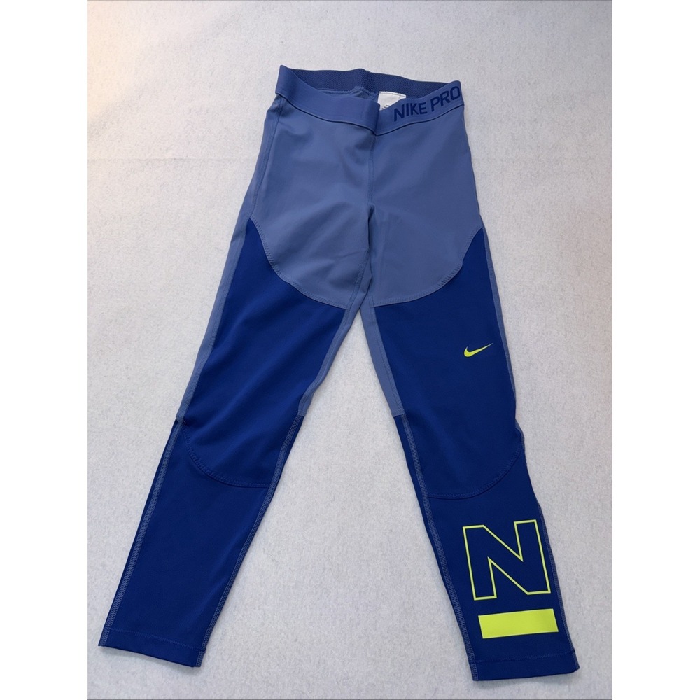 NIKE Pro Tight Fit Crop Length Capri Leggings Women's Sz S‎ Blue Volt Yellow